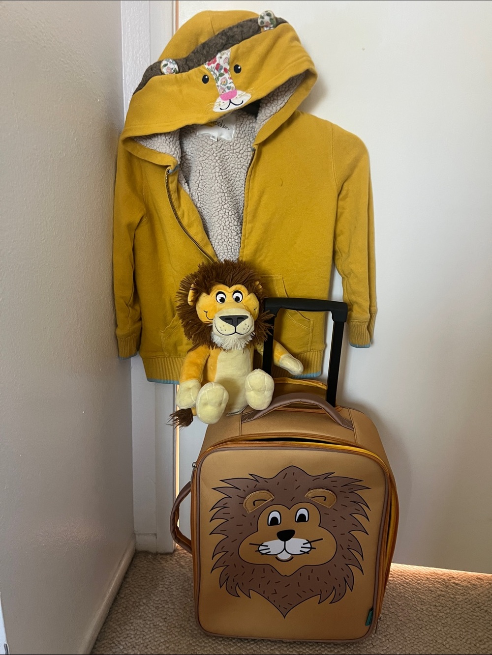 Mini Boden Lion Mustard Yellow Hooded Jacket with Tan + Lion Luggage Set